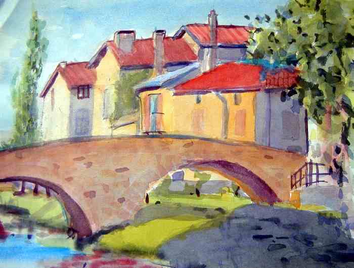 aquarelle de bernard landelle vieux pont de Brignais, lyonnais