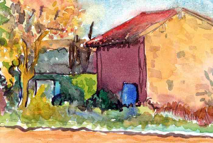 aquarelle de bernard landelle maison au bidon bleu