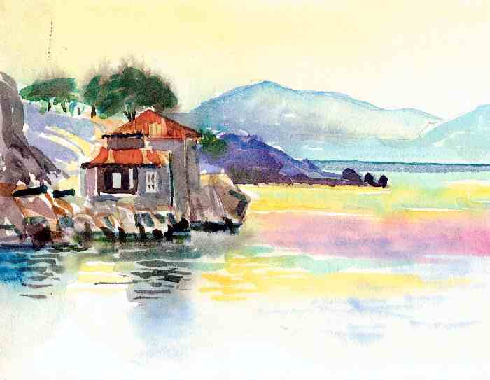 aquarelle de bernard landelle maison d'hydra au bord de mer