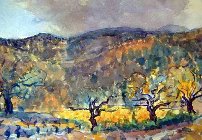 aquarelle de bernard landelle Collines en Ardèche vers joyeuse